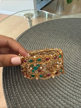 Gold-tone Gemstone Filigree Cuff Bracelet - Green & Pink Accents